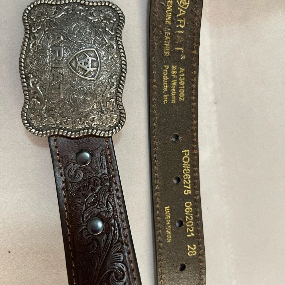 Ariat Dark Brown Leather Belt with Ornate Silver Buckle